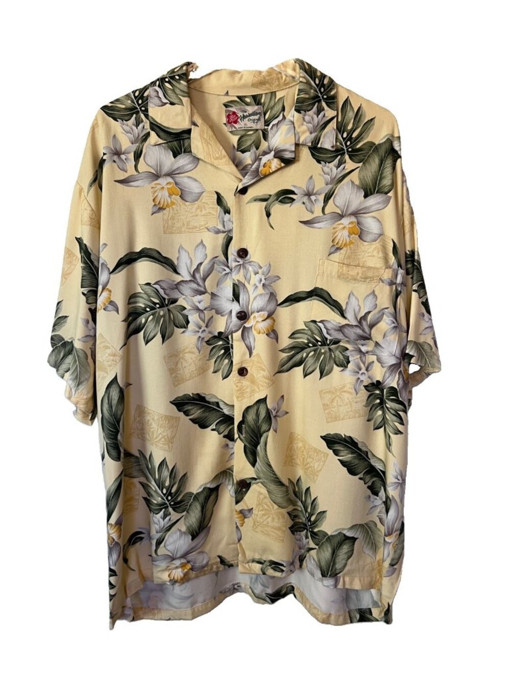 Vintage Hilo Hattie Hawaiian Original Aloha Shirt Mens XL Yellow Rayon Orchids